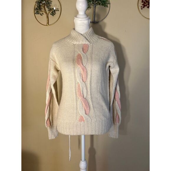 Vintage Nordstrom Cream Pink High Neck Cable Knit 100% Alpaca Wool Sweater Small - Picture 1 of 10